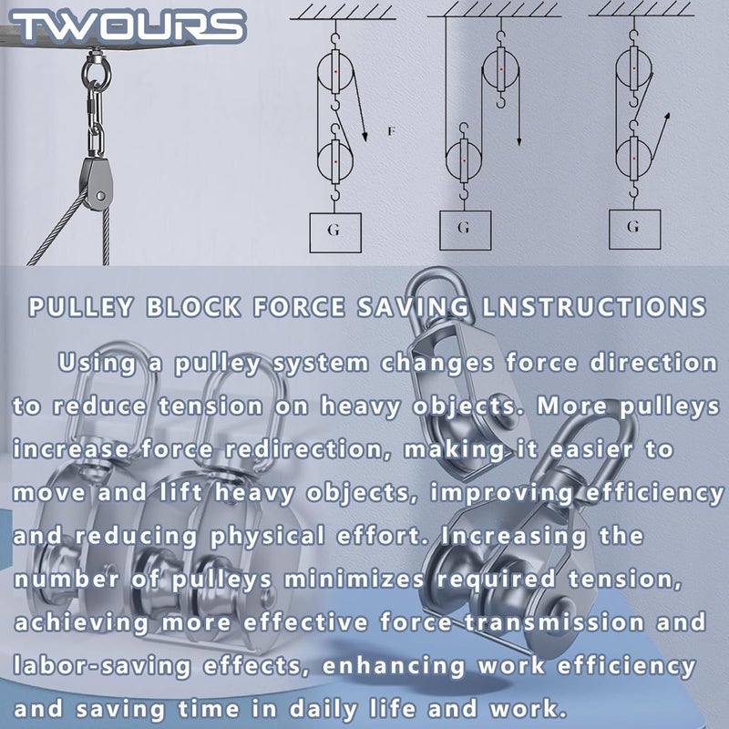 Twours Pulley 304 Stainless Steel Double Pulley Block M15 Small Heavy Duty Swivel Bearing Pulley System for Rigging, Lifting, Cargo Transportation,Gym Equipment (SHL-M15 2PCS) - Image 5